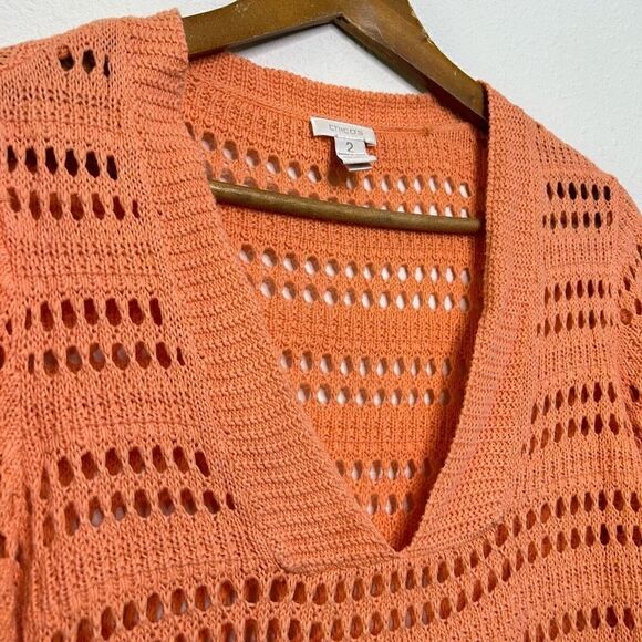 Chico’s Coral Open Knit Linen Crochet V Neck Beachy Top Size 2 (L) - Picture 6 of 13
